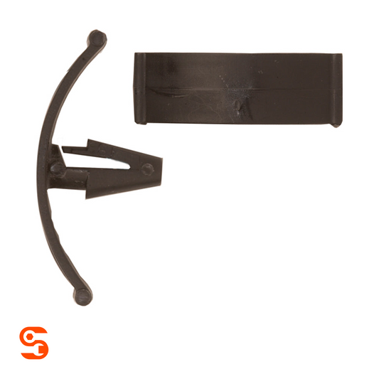Black nylon hood insulation shield retainer clip with curved barbed stem and rectangular head shown with side and top view