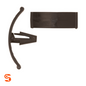 Black nylon hood insulation shield retainer clip with curved barbed stem and rectangular head shown with side and top view