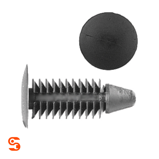 Black nylon weatherstrip shield retainer clip with ribbed stem, pointed tip, and round head, shown with side and top view