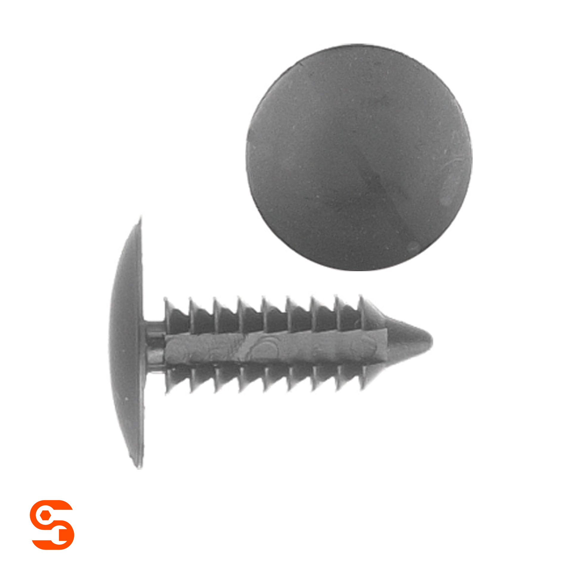 Black nylon fender bumper shield retainer clips with round heads and ribbed push-in stems, shown with side and top view