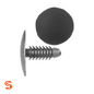 Black nylon fascia shield retainer clip with round 25mm head and ribbed 20mm push stem, shown with side and top view