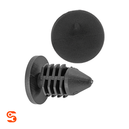 Black nylon panel shield retainer clip with round head and ribbed push-in stem, shown with side and top view