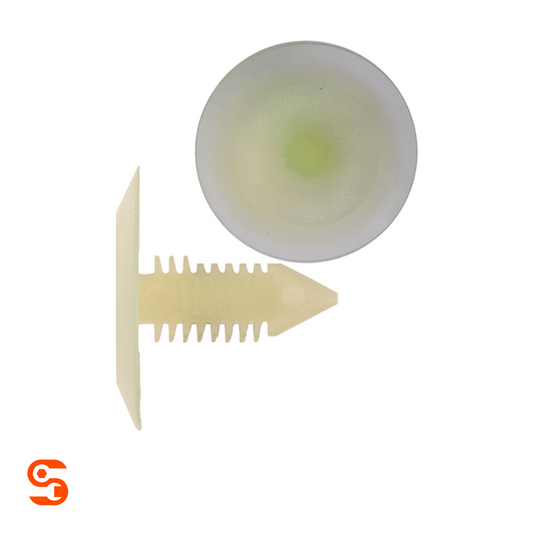 Translucent nylon interior trim retainer clip with round head, ribbed stem, and flat shield fastener, shown with side and top view