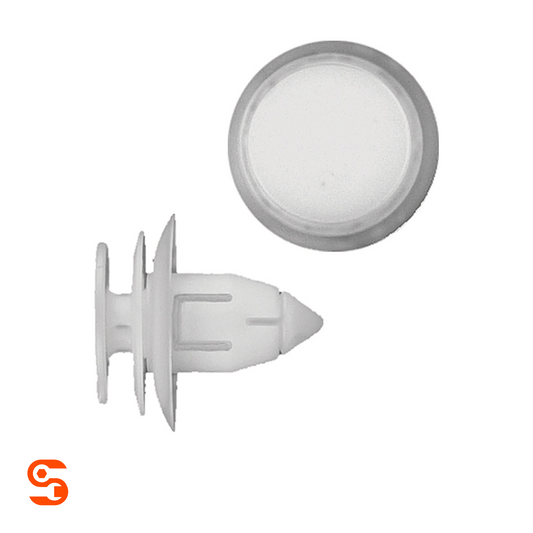 Natural nylon door panel trim retainer clip with round head, ribbed stem, and pointed tip, shown as two pieces
