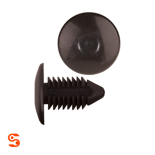Two black nylon retainer clips with round heads, ribbed stems, and pointed tips. shown with side and top view