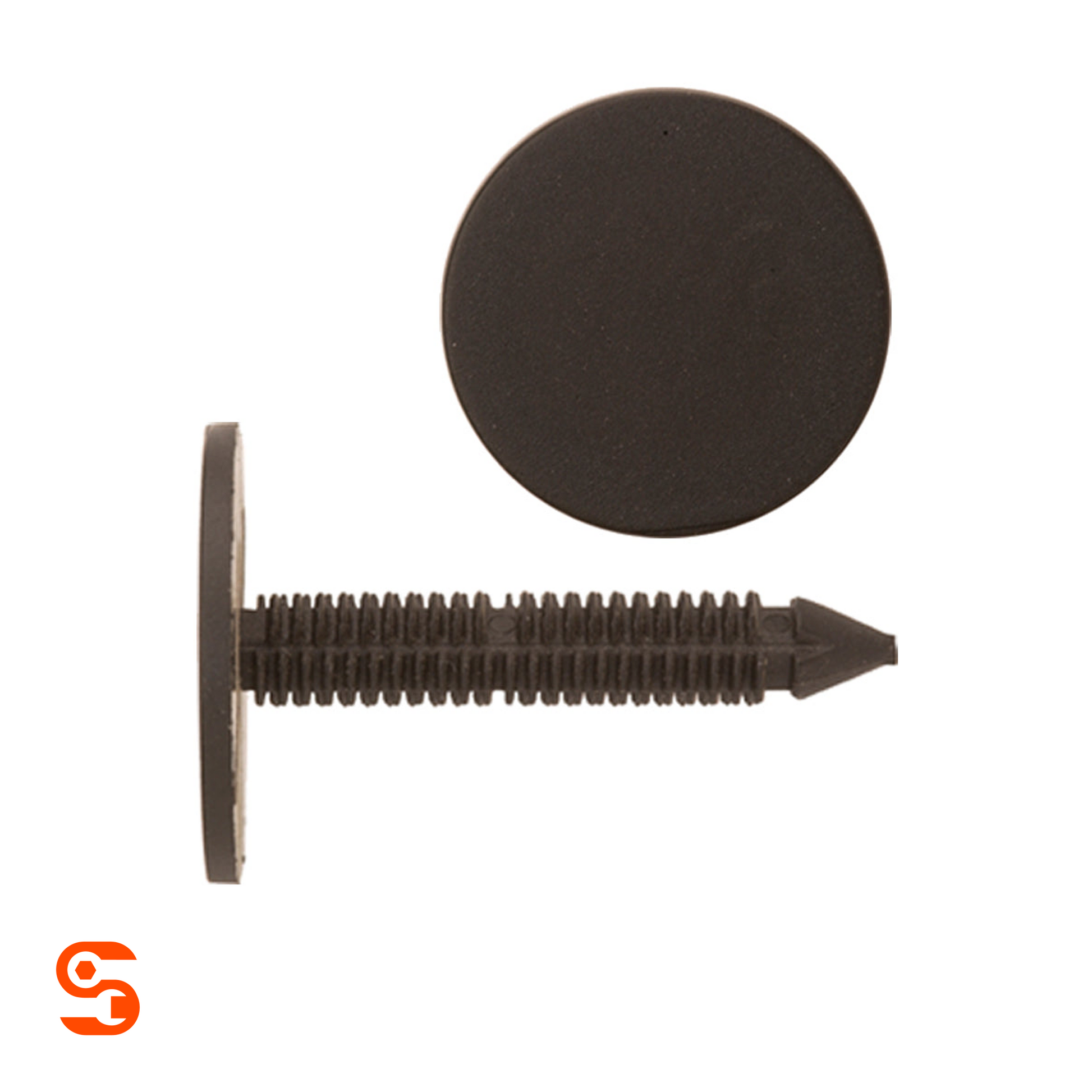 Black nylon trim panel retainer clip with round head and ribbed stem, shown with side and top view