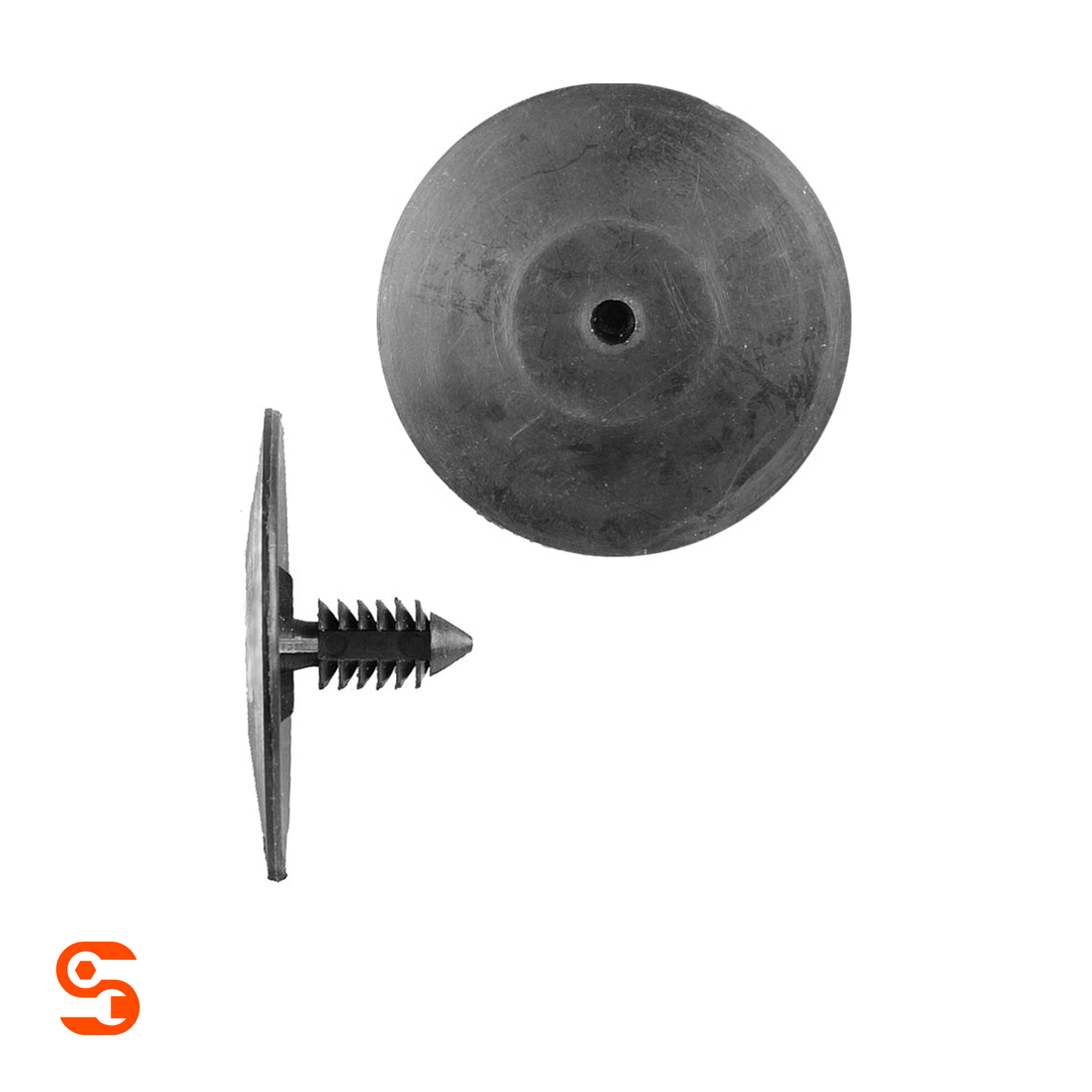 Black nylon hood insulation retainer clips with round heads and ribbed push-in stems, shown with side and top view