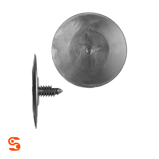 Black nylon mud shield retainer clips with round 3/4 inch heads and ribbed push-in stems, shown with side and top view