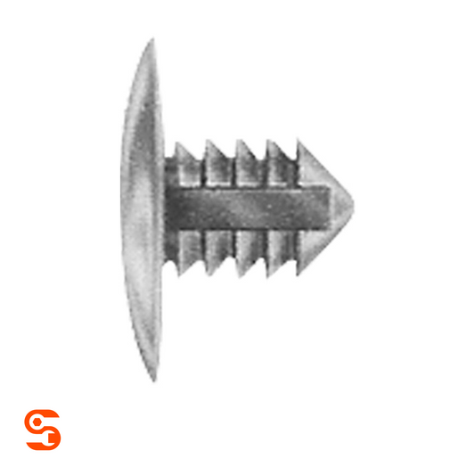 Black nylon trim retainer clip with round shield head and ribbed push-in stem, shown with side and top view