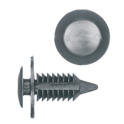 Black Nylon Door Panel Trim Retainer Clips | Fits Hole Size: 7.5mm | Head Diam: 20mm | Stem Size: 18mm | GM Saturn 1991-on | OEM# 21042045, 21042053, 21012058, 21042104