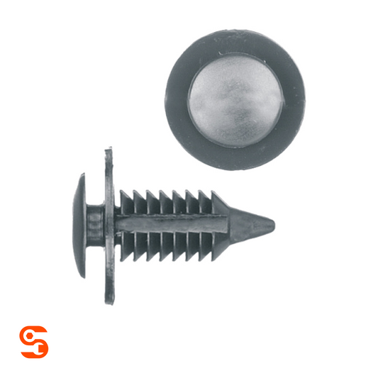 Black nylon door panel trim retainer clip with ribbed stem and round 20mm head, shown side and top view