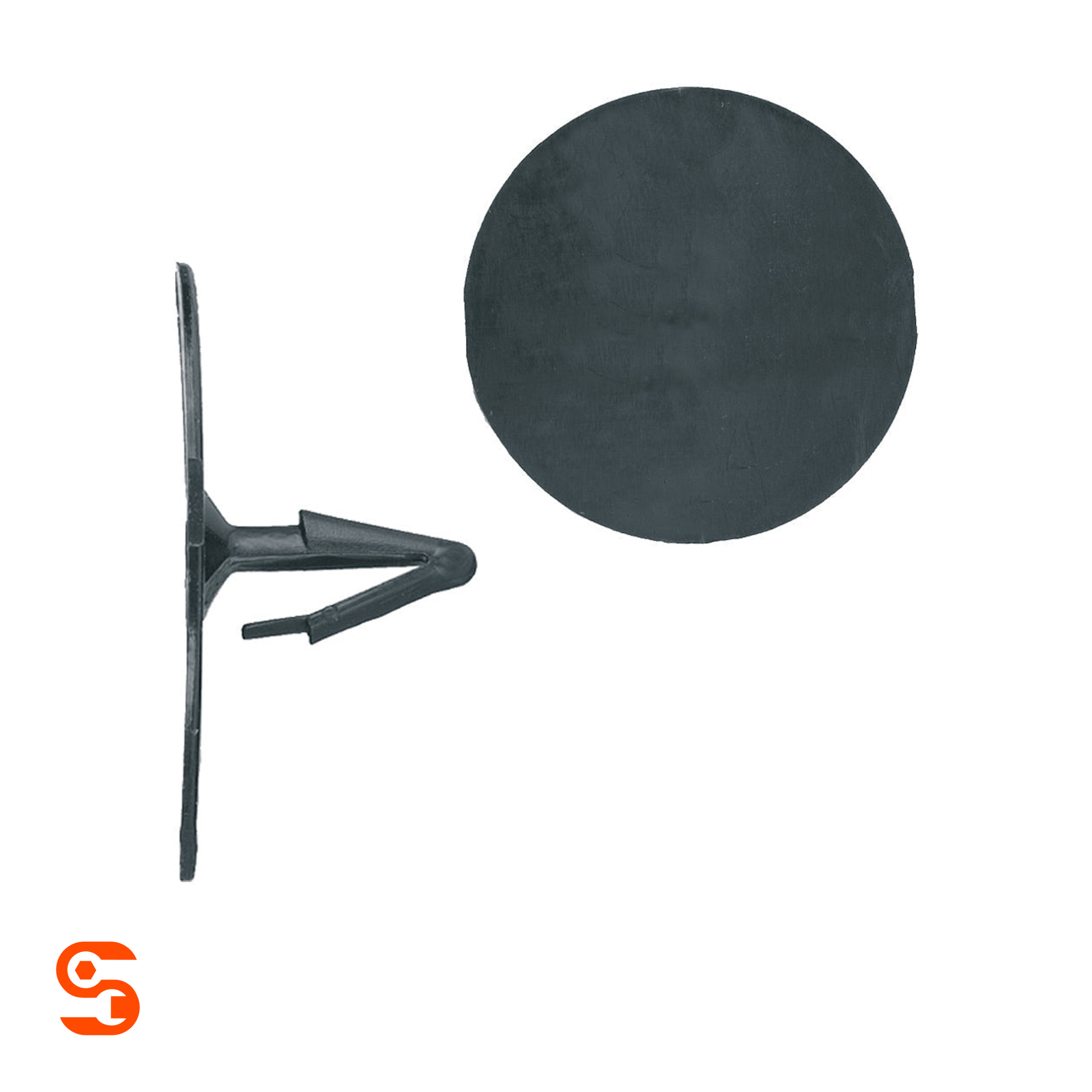 Black nylon hood insulation retainer clips with round heads and push-in stems, shown with side and top view