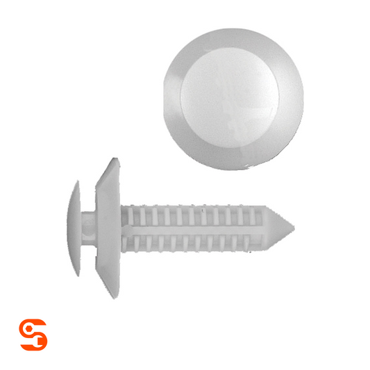 Natural nylon door panel trim retainer clip with ribbed stem and round head, shown with matching fastener ring