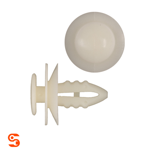 Natural nylon interior door trim retainer clip with round head and ribbed stem, shown with matching top view