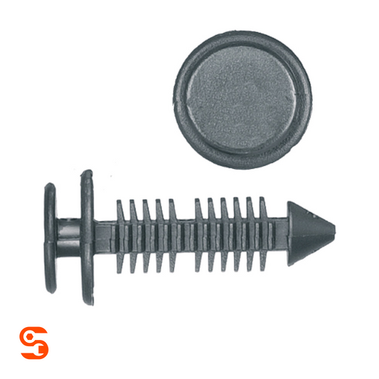 Black nylon seat back panel retainer clip with ribbed stem, pointed tip, and round push cap
