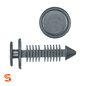 Black nylon seat back panel retainer clip with ribbed stem, pointed tip, and round push cap