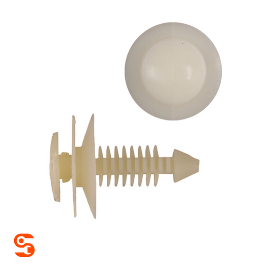 Natural nylon door panel trim retainer clip with round head, ribbed stem, pointed tip, and separate round cap
