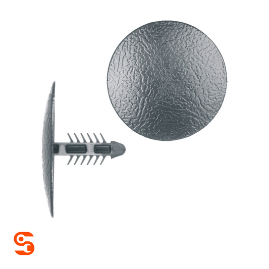 Black nylon hood insulation retainer clips with round textured heads, ribbed stems, shown with side and top view