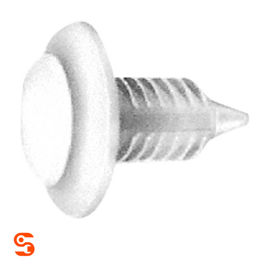 Nylon trim panel retainer clip with round head and ribbed push-in stem on white background