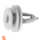 Gray nylon trim panel shield retainer clip with round head and tapered push-in stem, shown with side and top view