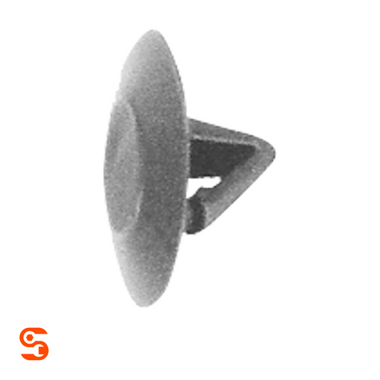 Black nylon hood insulation retainer clip with round 30mm head and angled stem, shown with side and top view