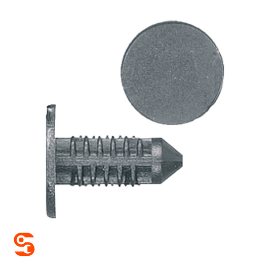 Black nylon fascia shield retainer clip with ribbed push stem and round head, shown with side and top view