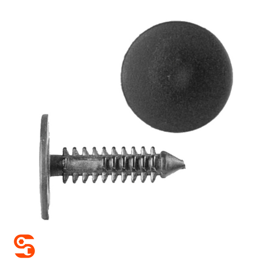 Black nylon panel retainer clip with ribbed screw stem and round cap shown separately, shown with side and top view