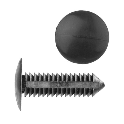 Black Nylon Bumper Fascia Shield Retainer Clips | Fits Hole Size: 9/32" (7.1mm) | Head Diam: 3/4" | Stem Size: 1-3/16" | GM Mini Van 1993-on | OEM# 10185925, 6503768