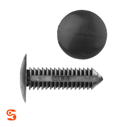 Black nylon bumper fascia retainer clips with round heads and ribbed push-in stems, shown with side and top view