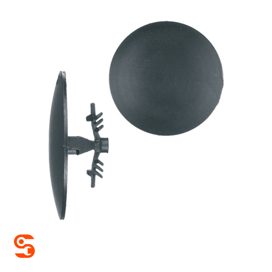 Black nylon hood insulation shield retainer clips with round 30mm heads, shown with side and top view
