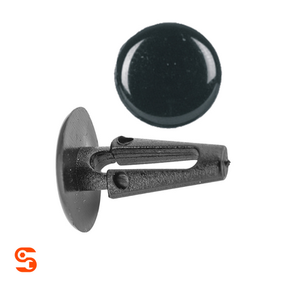 Black nylon shield retainer clip with round 13mm head and tapered 15mm stem, shown with side and top view