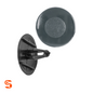 Black nylon hood insulation shield retainer clips with round 30mm heads and 17mm stems, shown with side and top view