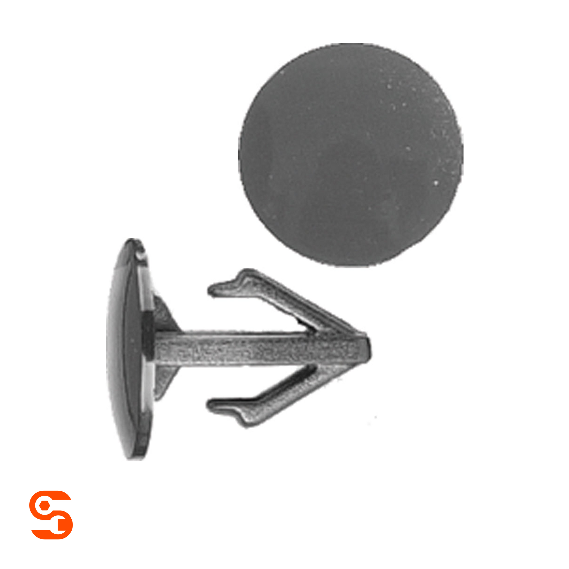Black nylon hood insulation retainer clip with round head and split push stem, shown with side and top view