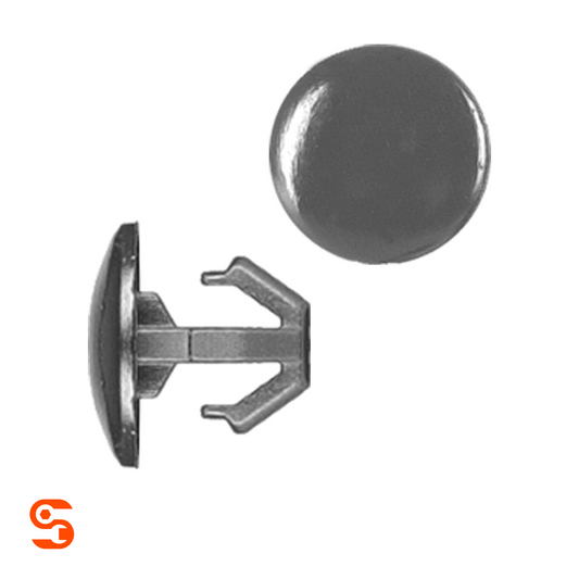 Black nylon automotive retainer clip with round 12mm head and push-in stem, shown with side and top view