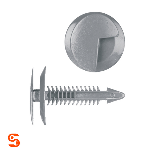 Black nylon trim panel retainer clip with round slotted head, ribbed stem, and pointed tip