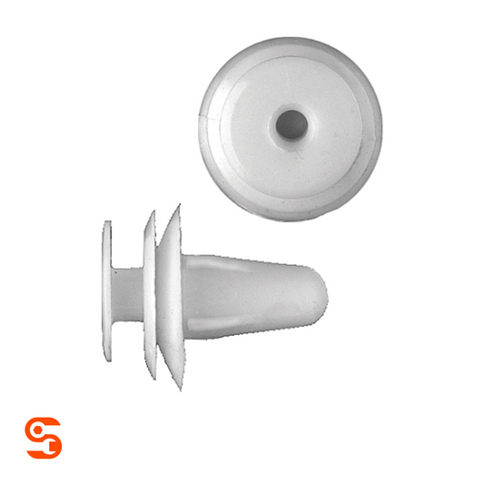Natural nylon door panel trim retainer clips with round head and tapered stem, shown from top and side views