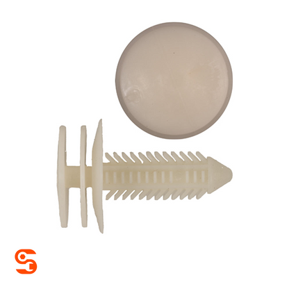 Natural nylon door panel trim retainer clip with round head and barbed stem, shown as one clip and one cap