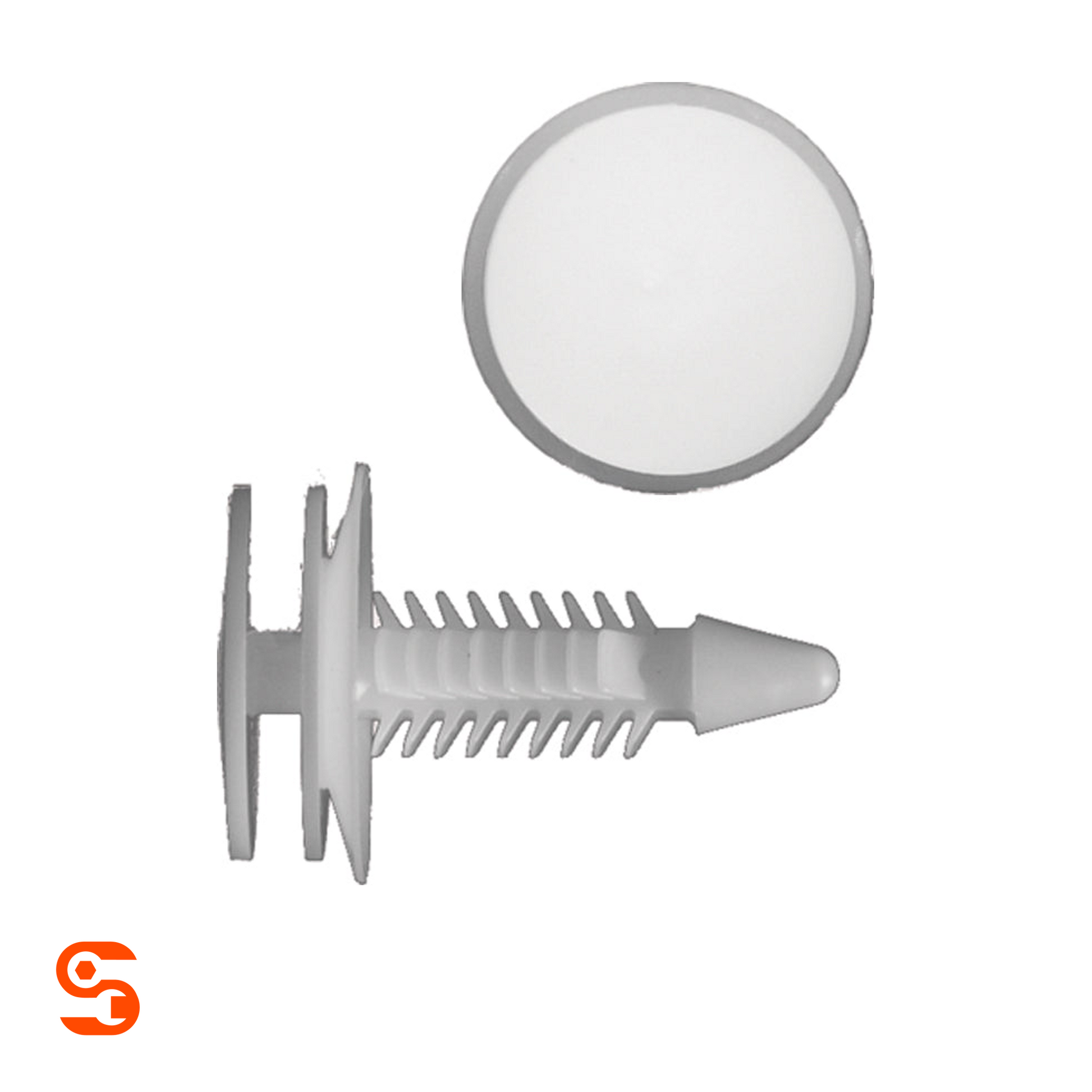 Natural nylon door trim headlight retainer clip with round cap and ribbed push stem, white plastic. shown with side and top view