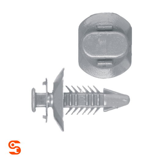 Black nylon trim panel retainer clip with ribbed stem and oval head, shown in side and top view