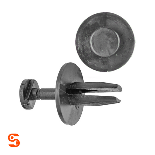 Black nylon push-type retainer clip with round head, split stem, and separate top view on white background, shown with side and top view