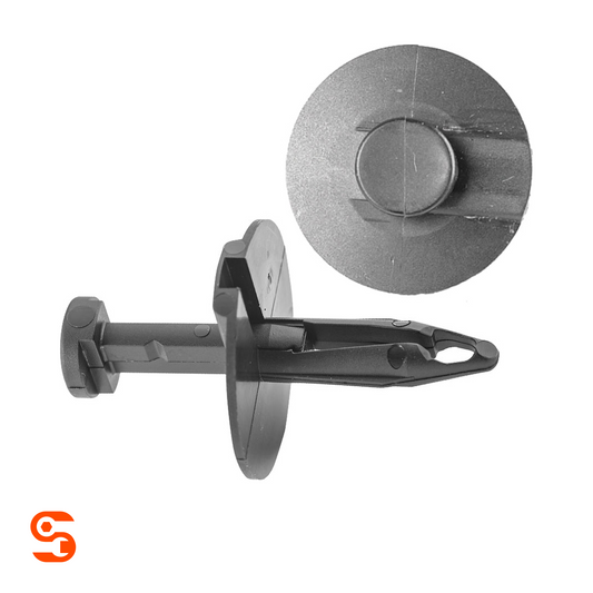 Black nylon push-type retainer clip with round head, long stem, shown with side and top view