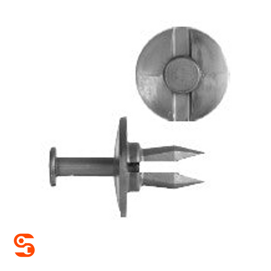Black nylon push-type retainer clip shown from side and top with round head, flanged stem, and split prongs, shown with side and top view