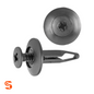 Black nylon push-type retainer clip with screw head, washer flange, and split stem, shown with side and top view