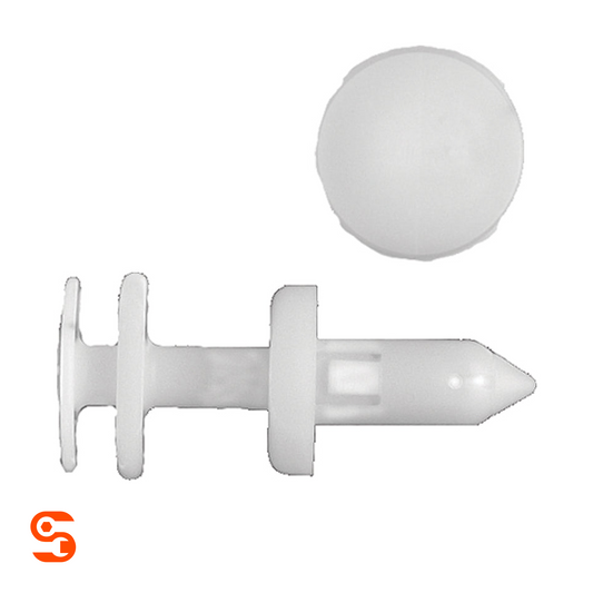 White nylon push-type retainer clip with round cap, pointed stem, and trim panel fastener flanges, shown with side and top view