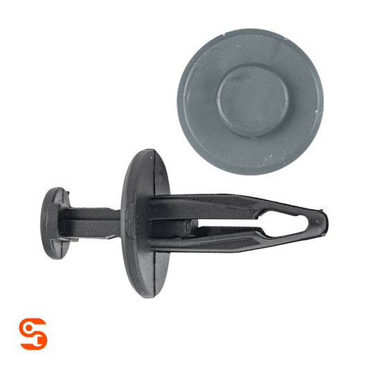 Black nylon push-type retainer clip with round head and slotted stem, shown with side and top view
