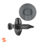 Black nylon push-type retainer clip with round head, tapered stem, shown with side and top view