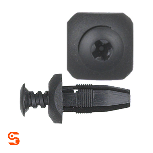 Black nylon push-type retainer clip with round head and ribbed stem, shown with side and top view