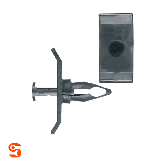 Black nylon push-type retainer clip with rectangular head, forked stem, and separate matching clip piece, shown with side and top view