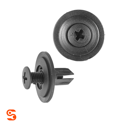 Black nylon push-type retainer clip with screw head, round washer flange, and split stem, shown with side and top view