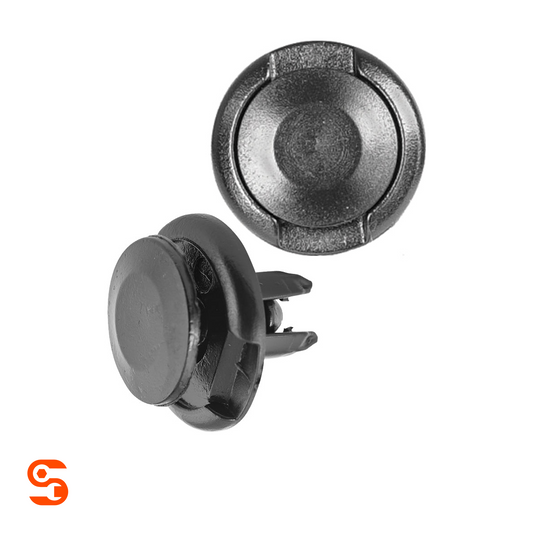 Black nylon push-type retainer clips with round 20mm heads, shown with side and top view
